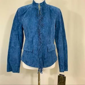 nwt Pamela McCoy Blue Leather Jacket luxury suede coat fringe western festival S